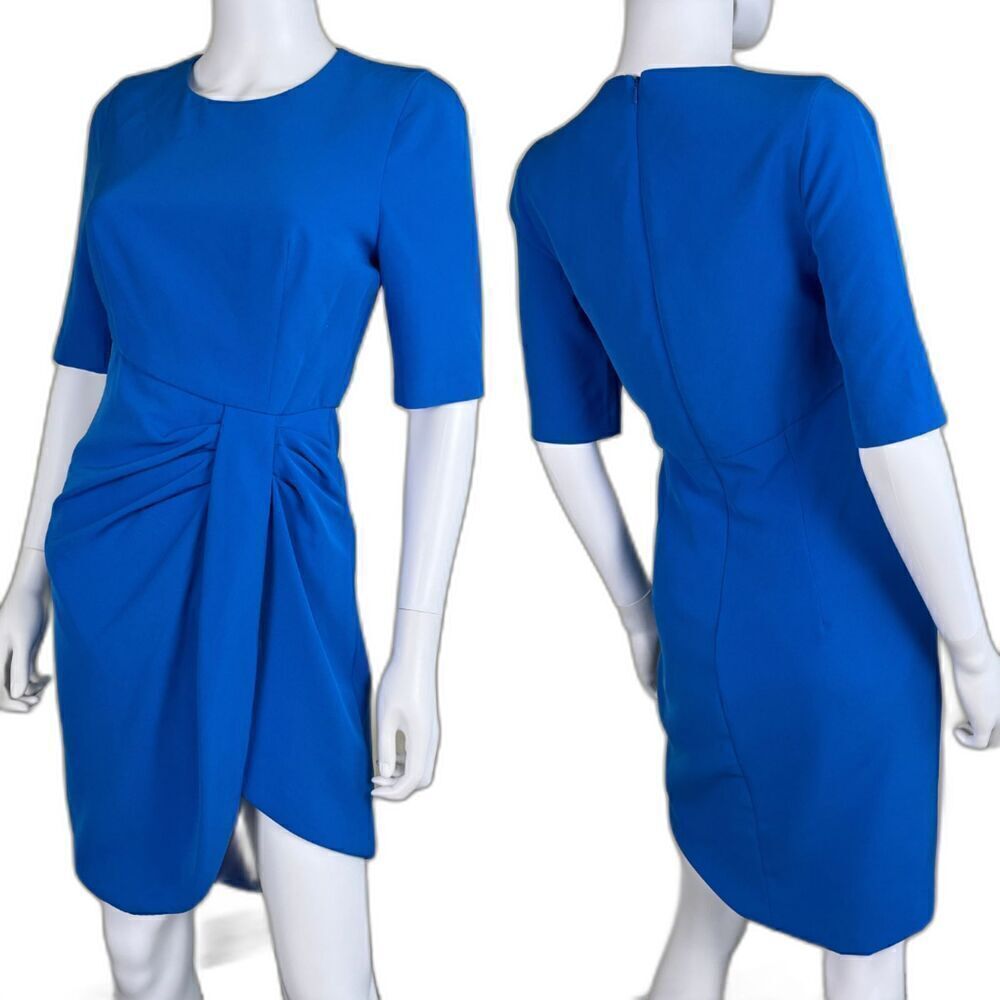 Black Halo Women's Size 2 Blue Alto Ruched Sheath Asymmetrical Mini Dress Party